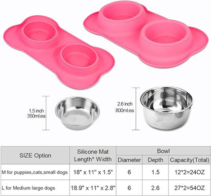 AsFrost Dog Food Bowls Stainless Steel Pet Bowls & Dog Water Bowls with No-Spill and Non-Skid, Feeder Bowls with Dog Bowl Mat for Dogs Cats and Pets-Pink, 24 0z in Total