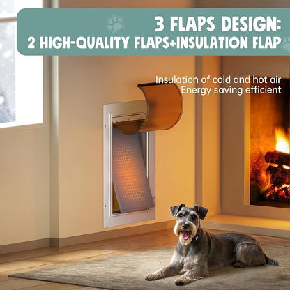 3-Flap Insulated Aluminum Dog Door for Walls, Heavy-Duty Telescoping Pet Door with Dual Security Locks & Magnetic Flaps, Closing Panel, Large, Pets Up to 110 LB
