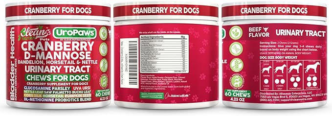 Dog UTI Treatment | Cranberry for Dogs | Urinary Tract Bladder Control | D-Mannose Dandelion Glucosamine HCL Marshmallow Nettle Leaf Saw Palmetto Uva Ursi Horsetail Beef Flavor by Clean Nutra Pets