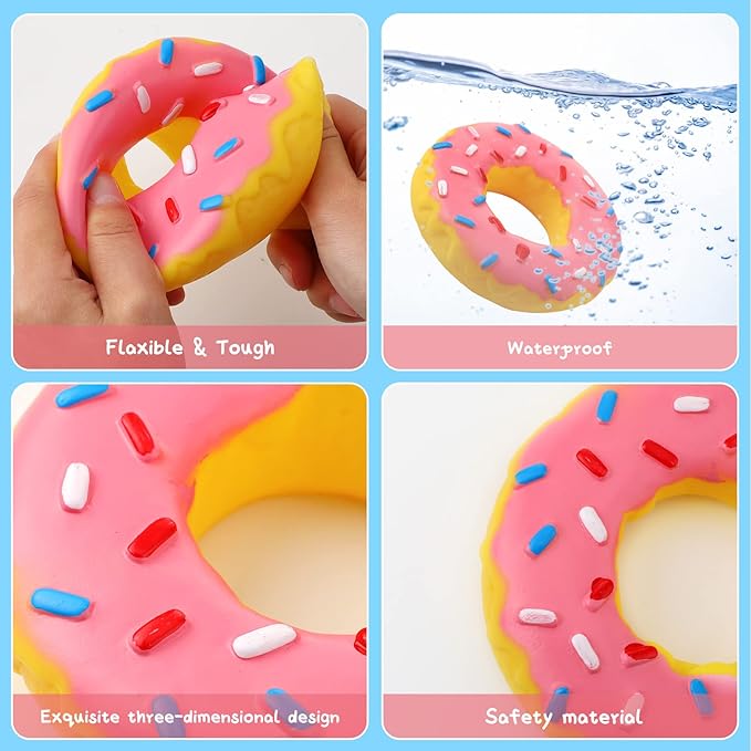 Leitee 3 Pieces 5.3 Inch Assorted Donut Dog Chew Toy with Squeakers Rubber Dog Toy Pink Yellow Black for Interactive Play Small to Medium Dogs Puppy Aggressive Chewers for New Year Gift