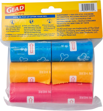 Glad for Pets Scented Waste Bags, Tear Resistant Pet Poop Pick-up Bags with Leak Protection, Lemon Scent, Multicolor Designs, 6 rolls, 90 bags total