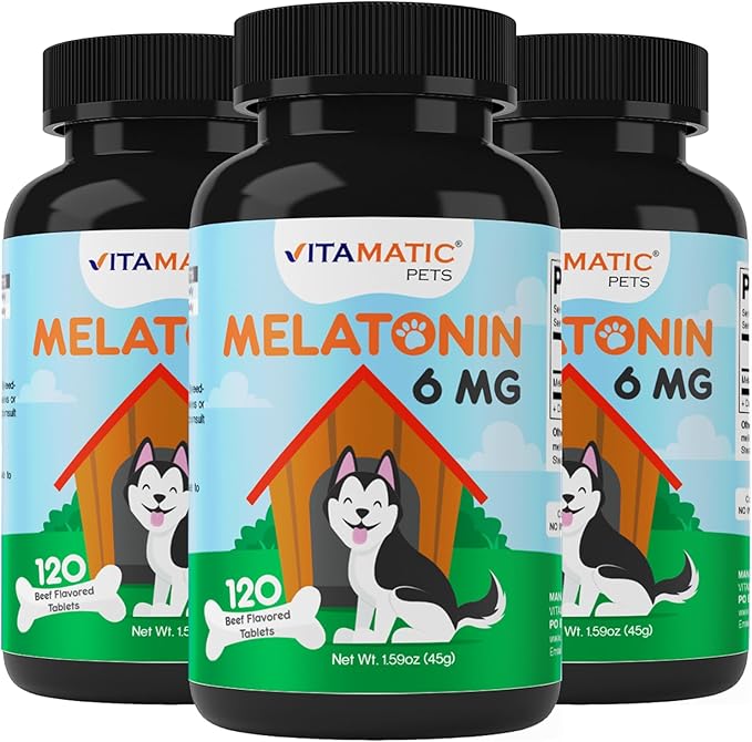 Vitamatic Melatonin for Dogs – 6 mg – 120 Chewable Tablets (Pack of 3) Beef Flavored – Natural Calming Aid for Dogs – Non-Habit Forming – Stress & Sleep Support