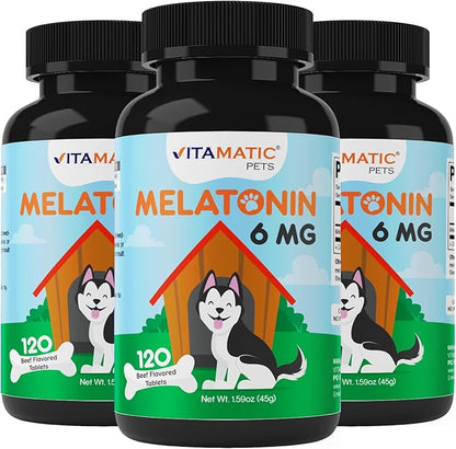 Vitamatic Melatonin for Dogs – 6 mg – 120 Chewable Tablets (Pack of 3) Beef Flavored – Natural Calming Aid for Dogs – Non-Habit Forming – Stress & Sleep Support