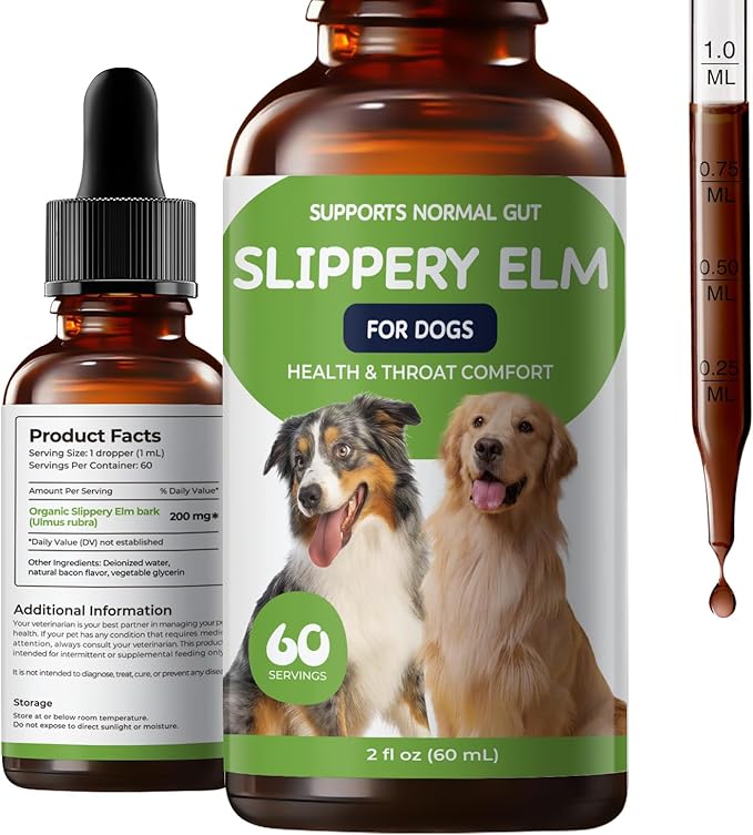 Slippery Elm for Dogs Liquid Drops, Organic Slippery Elm Bark Extract for Digestive & Throat Comfort, Bacon-Flavored Herbal Dog Supplement, 2 fl oz