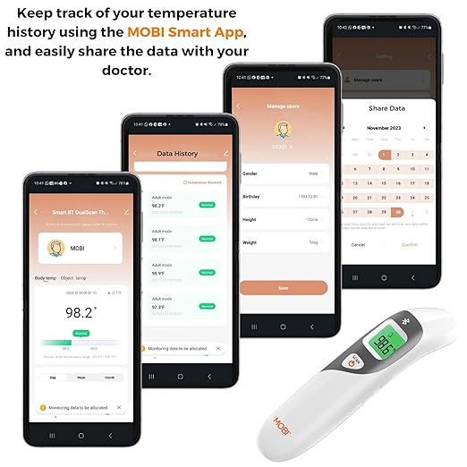 MOBI CONNECT Smart DualScan Bluetooth Ear & Forehead Thermometer - Backlit Screen, LED Fever Indicators, Memory Recall of Last 20 Readouts, Farenheit & Celsius Mode, Room Temperate with Date & Time