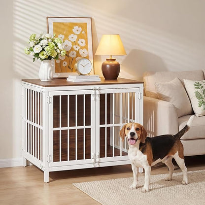 HOOBRO Heavy Duty Dog Crate Furniture, 31.5" Wooden Indoor Kennel with 3 Doors, Chew Resistant Metal Cage for Small and Medium Breeds, Dog Crate Side Table, White and Walnut