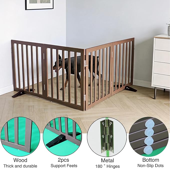 Dog Gate Indoor, Freestanding Dog Fence for The House, Doorways, Hallways,or Stairs,Pet Gate Foldable Wooden,Expandable 24" Height 4 Panels,Brown