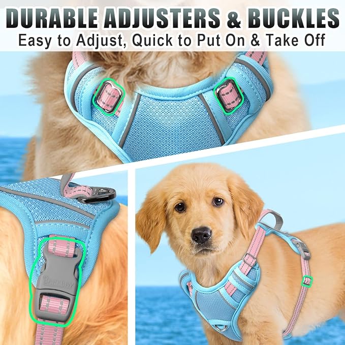 BARKBAY No Pull Dog Harness Large Reflective Dog Harness with Front Clip and Easy Control Handle for Walking Training Running with ID tag Pocket(Baby Blue & Baby Pink,XS)