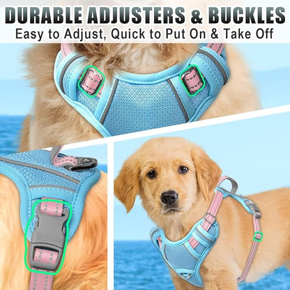 BARKBAY No Pull Dog Harness Large Reflective Dog Harness with Front Clip and Easy Control Handle for Walking Training Running with ID tag Pocket(Baby Blue & Baby Pink,S)