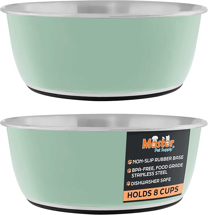 Master Pet Supply Stainless Steel Dog Bowls Set of 2 (64 Oz Each) with Non-Slip Rubber Base - Pistachio - Basic Dog Food Bowl Water & Food Bowls for Small Medium Large Dogs & Cats, Metal Dish