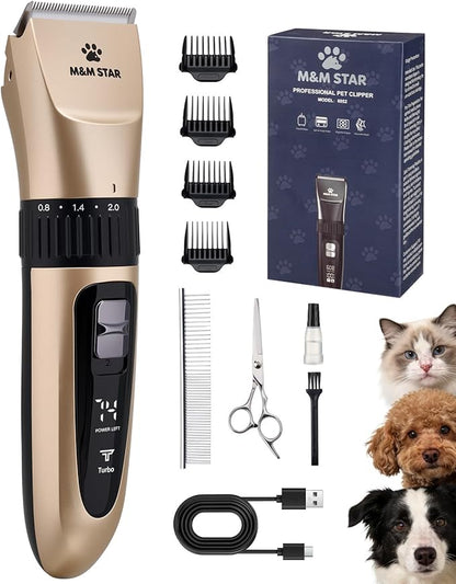 M&M STAR Dog Grooming Kit, Low Noise Dog Clippers, 2-Speed IPX7 Waterproof, Rechargeable Cordless Pet Hair Clippers Trimmer Shaver with LED Display for Small Large Dogs Cats, Gold