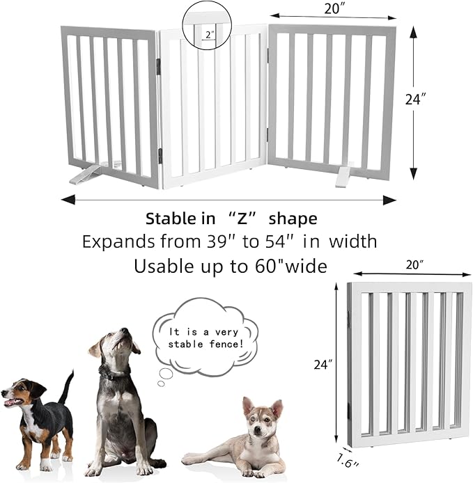 Dog Gate Indoor, Freestanding Dog Fence for The House, Doorways, Hallways,or Stairs,Pet Gate Foldable Wooden,Expandable 24" Height 3 Panels,White