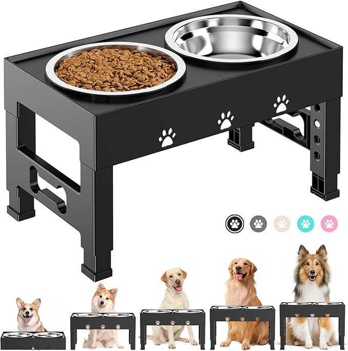 Elevated Dog Bowls with 2 Stainless Steel Bowls, 5-Height Adjustable Stand (3.1", 9" to 12"), for Improved Digestion & Neck Support, Easy Clean, Non-Slip Base Raised Feeder for Medium Large Dogs