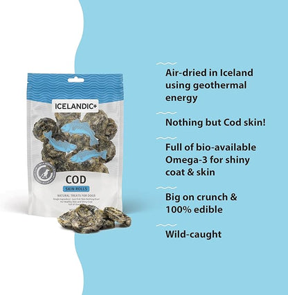 Icelandic+ Skin Rolls: Cod - 3oz Bag,Dog Treats,Pure Wild-Caught Air-Dried Fish,Ingredient Snacks,Pe Chews,Just The Fish Nothing Else,(Pack of 2)