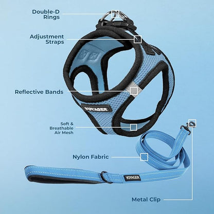 Best Pet Supplies Voyager Step-in Air All Weather Mesh Harness and Reflective Dog 5ft Leash Combo with Neoprene Handle, for Small, Medium and Large Breed Puppies - Set (Baby Blue/Black Trim), X-Small