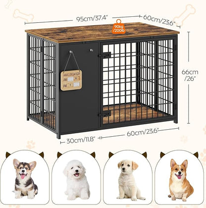 YATINEY Foldable Dog Crate Furniture, Dog Crate with DIY Frame, Heavy Duty Dog Kennel Indoor with Hooks, Wooden Dog Cage End Table, for Small/Medium Dogs, Rustic Brown and Black DC95BR