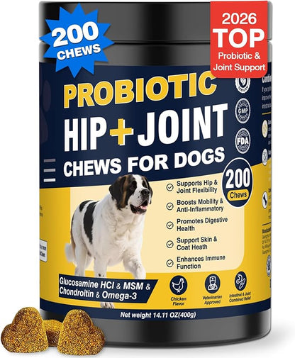 Hip and Joint Supplement for Dogs Dog Probiotics Glucosamine Chondroitin MSM Chew for Dog Arthritis Pain Relief Extend Joint Care, Probiotic for Digestive/Gut Health for Large/Small/Senior Breed Dogs
