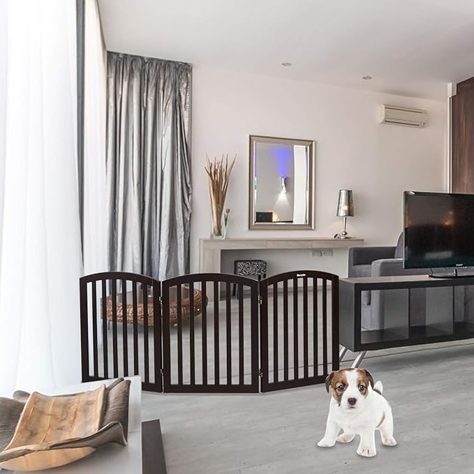 Bonnlo 3-Panel Wooden Free Standing Pet Gate for Dogs, 30'' Tall Dog Gates for The House, Doorways & Stairs, Dog Fences Indoor Puppy Gate with 3 Foot Supporters, Up to 61” Wide, Espresso