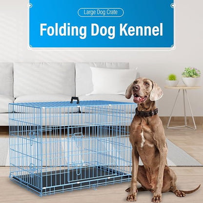Large Dog Crate Kennel Metal Dog Cage for Medium Large Dogs Double-Door Folding Travel Indoor Outdoor Puppy Playpen with Divider and Handle Plastic Tray,42",Blue