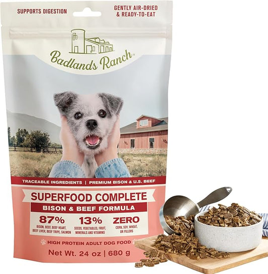 BADLANDS RANCH by Katherine Heigl – Superfood Complete Air-Dried Beef & Bison Dog Food – High Protein with Superfoods for Daily Wellness & Consistent Nutrition – 24 oz