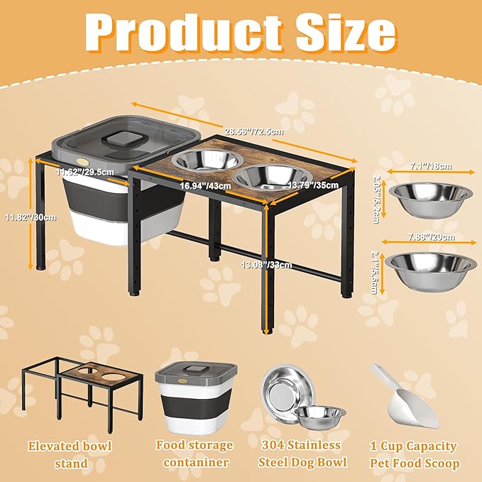 Elevated Dog Bowls with Storage Container ，Raised Dog Bowls for Large Dogs，15-18 lb Airtight Dog Food Storage Container, Adjustable Height Feeding Station