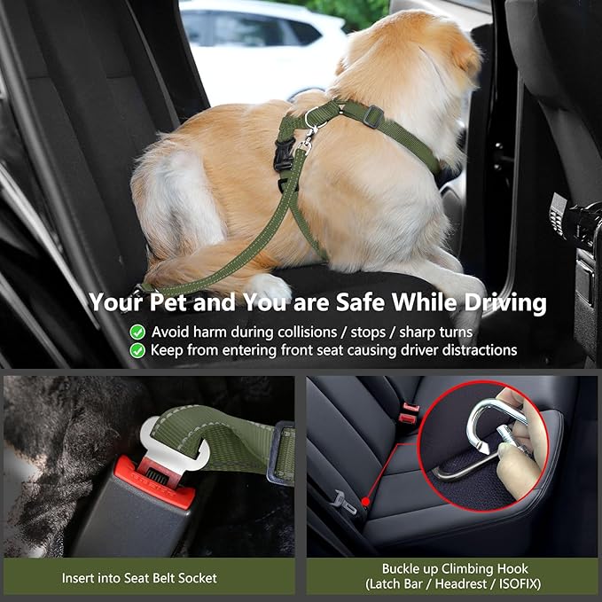 VavoPaw Dog Seat Belt Harness for Car, Dog Car Harness Adjustable Mesh Breathable & Dogs Seatbelt Safety Tether with Elastic Bungee for Small Medium Large Pets(Army Green, L)