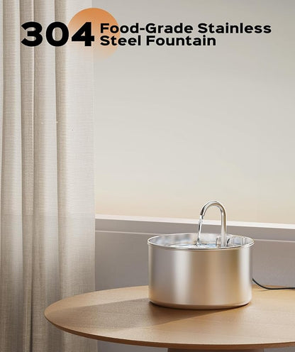 Cat Water Fountain Stainless Steel + 8 filters + 8 Sponges - Pet Water Fountains Faucet Metal Automatic Cat/Dog Waterer Bowls Pets Watering Running Bottle Water Dispenser for Drinking Ultra Quiet Pump