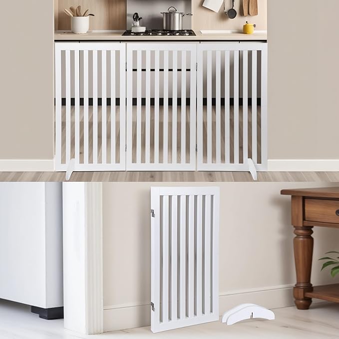 Freestanding Pet Dog Gate 36 Inch Foldable Fence Indoor 3 Panel Extra Wide Wooden Dog Door for Stairs Hallways Doorways