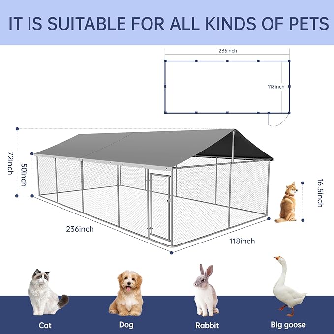 Petony 236"x 118" Outdoor Dog Enclosure Heavy Duty Dog Kennel House Mesh Dog Big Cage Pet Kennel Steel Fence with Secure Lock