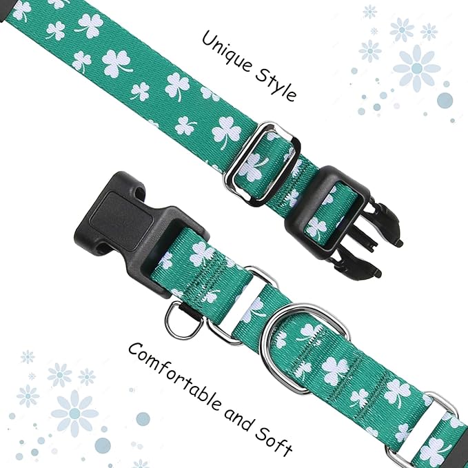 St.Patrick's Day Martingale Collar for Dogs with Buckle Adjustable Shamrock Spring Holiday Dog Collar (Clover, Medium)