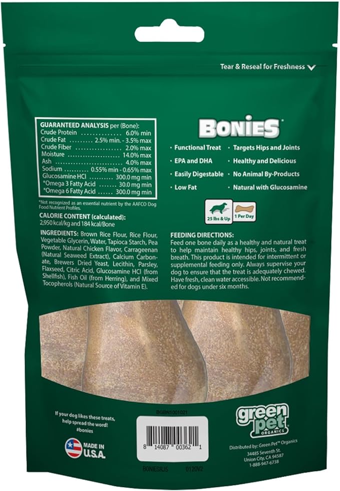 Bonies Hip & Joint Health Multi-Pack Regular Large Dogs 25 or More LBS - Natural Dog Treat - Low Calories - Chicken Flavor - 5 Bones