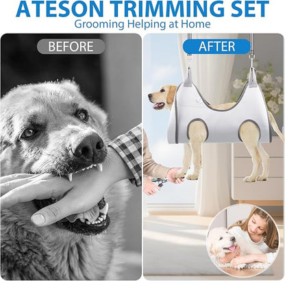 ATESON Pet Dog Grooming Hammock Harness for Medium Dogs Nail Trimming, Dog Sling for Cutting Nails, Dog Hanging Holder Hanger with Nail Clippers, Nail File, Scissors