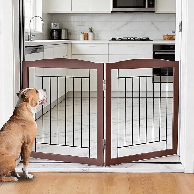 ZJSF Freestanding Foldable Dog Gate for House Extra Wide Wooden Indoor Puppy Gate Stairs Doorways Pet Gate Tall Dog Fence 2 Panels Fence Brown