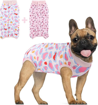 SAWMONG 2 Pack Dog Surgery Recovery Suit, Leopard Recovery Suit for Dogs After Surgery, Soft Polyester Spay Surgical Suit Female Male, Dog Onesie Body Suit Substitute Cone Alternative,L