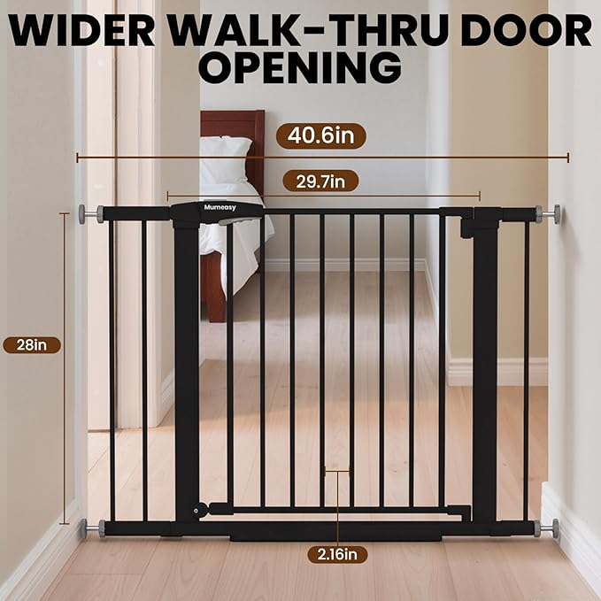 Baby Gate for Stairs, 29.7-40.6" Pressure Mounted Dog Gate, Auto Close Safety Gate for Children & Pets, Easy Install Pet Gate with Walk Thru Door for Doorways & Hallways, No Drilling, Dual-Lock Design