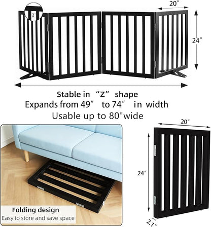 Dog Gate Indoor, Freestanding Dog Fence for The House, Doorways, Hallways,or Stairs,Pet Gate Foldable Wooden,Expandable 24" Height 4 Panels,Black