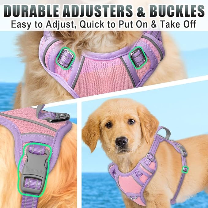 BARKBAY No Pull Dog Harness Large Reflective Dog Harness with Front Clip and Easy Control Handle for Walking Training Running with ID tag Pocket(Baby Pink & Violet Purple,XS)