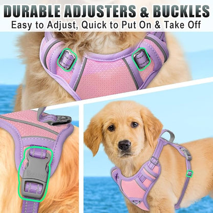 BARKBAY No Pull Dog Harness Large Reflective Dog Harness with Front Clip and Easy Control Handle for Walking Training Running with ID tag Pocket(Baby Pink & Violet Purple,XS)