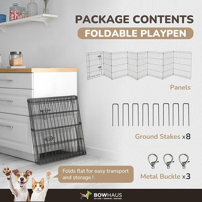 BOWHAUS Foldable Outdoor/Indoor Pet Playpen with Gate, Available in 24 Inch Height Metal Portable Kennel, Heavy-Duty Exercise Fence Cage 8 Panels for Small Dog, Animals