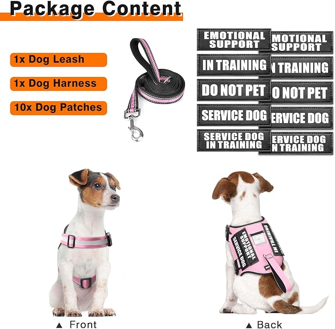 Service Dog Harness and Leash Set, Training Dog Vest with 10 Dog Patches, Emotional Support Therapy Dog Vest Harness for Small Medium Large and Extra Large Dogs(Pink, S)