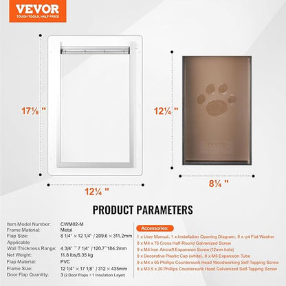 VEVOR 3-Flap Pet Door for Wall, Metal Frame with Lock, Energy-Efficient Insulated Pet Door, Easy to Install in Interior or Exterior Walls, Dog Door for Medium Dogs (White-Medium)