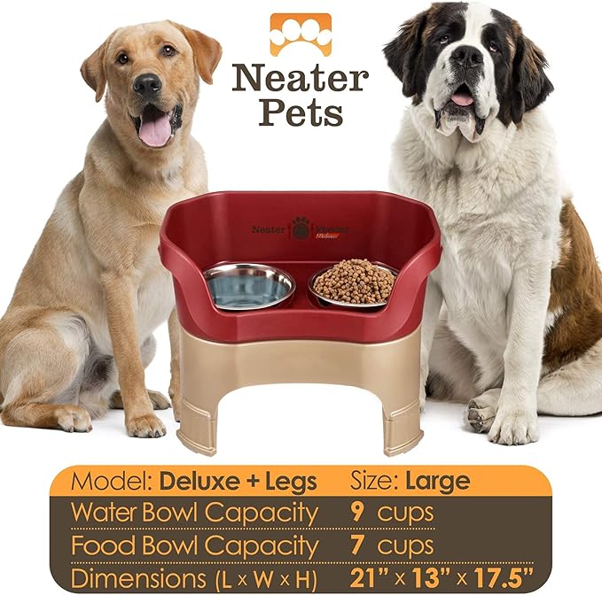 Neater Feeder Deluxe Mess-Proof Elevated Dog Bowls for Large Dogs (40+ lbs), 2 Height Adjustable (14.5” & 17.5”) No-Spill Raised Dog Bowl Stand, Stainless Steel Food Bowl Set, Made in USA, Cranberry