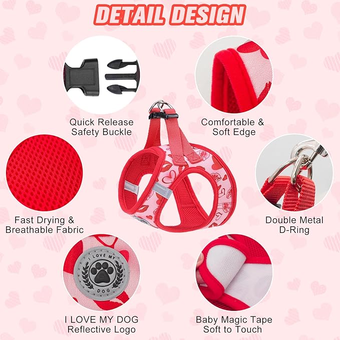 BEAUTYZOO Step in Dog Harness and Leash Set,Reflective Dog Harness No Pull No Choke Puppy Harness for Small Medium Large Dogs Cats,Soft Padded Mesh Vest Harnesses for Girl and Boy,Valentine's Day S
