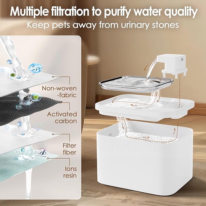 Cat Water Fountain with Stainless Steel Tray - 4L/135oz Automatic Water Dispenser for Cat, Wireless Battery Operated Drinking Fountain Bowl, Pet Water Fountain Indoor