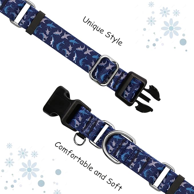 Martingale Collar for Dogs with Buckle Shark Dog Collar Adjustable Soft Nylon Boy Dog Collars for Large Dogs, Deep Blue Shark