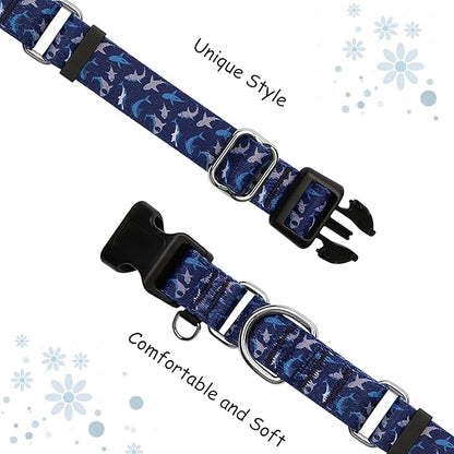 Martingale Collar for Dogs with Buckle Shark Dog Collar Adjustable Soft Nylon Boy Dog Collars for Large Dogs, Deep Blue Shark