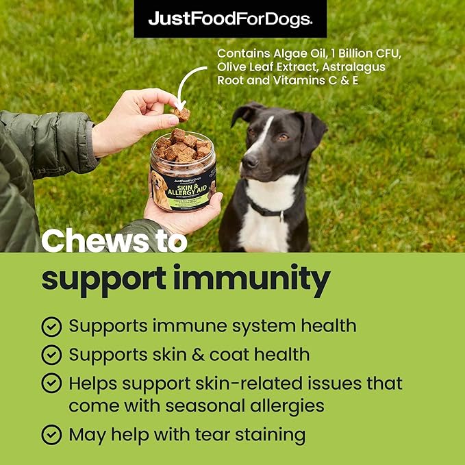 JustFoodForDogs Skin & Allergy Supplement for Dogs, Human Grade Dog Supplements, Skin & Coat Support, Multivitamin Soft Chews, Omega 3 Oil, Superfood Blend, Plant Based Dog Vitamins - 45 Count