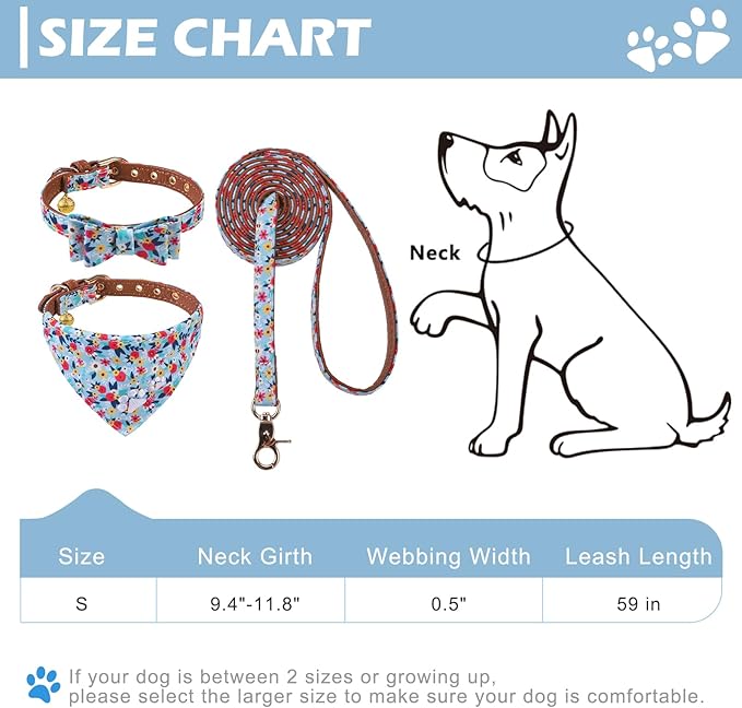 EXPAWLORER Dog Collar and Leash Set - Embroidery Floral Dog Bow Tie and Bandana Collar with Bell, Cute Flower Pet Collars and Rotating Leash No Tangle for Outdoor Walking, Blue S