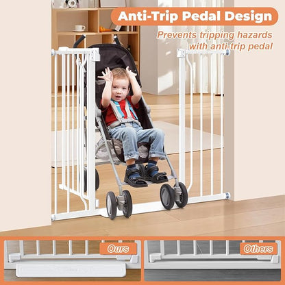 34" Extra Tall Baby Gate for Stairs, Auto Close Stroller Friendly Dog Gate Indoor for Doorways, Pressure Mounted 29"-45" Wide Baby Gate, Easy Walk Through Gate for Children & Pets, White