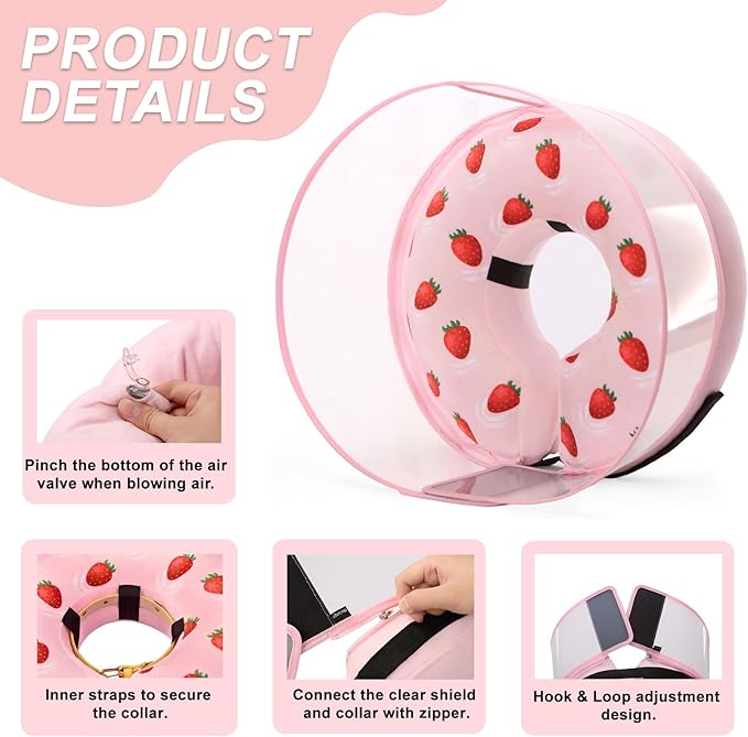 Inflatable Dog Cone Collar for Large Medium Small Dogs, Soft Dog Donut Collar Adjustable Recovery Cone for Pets After Surgery, Extra Enhanced Anti-Licking Guard Shield (Strawberry Print, Medium Plus)